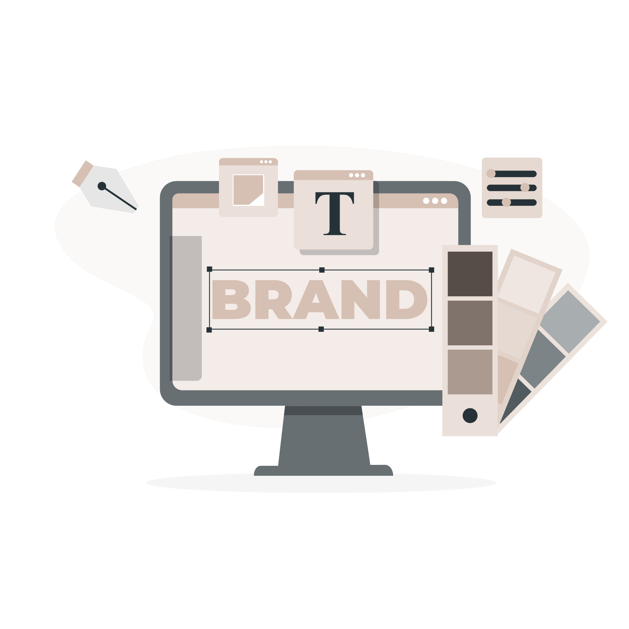 An illustration of a screen with the word 'Brand' and creative elements.